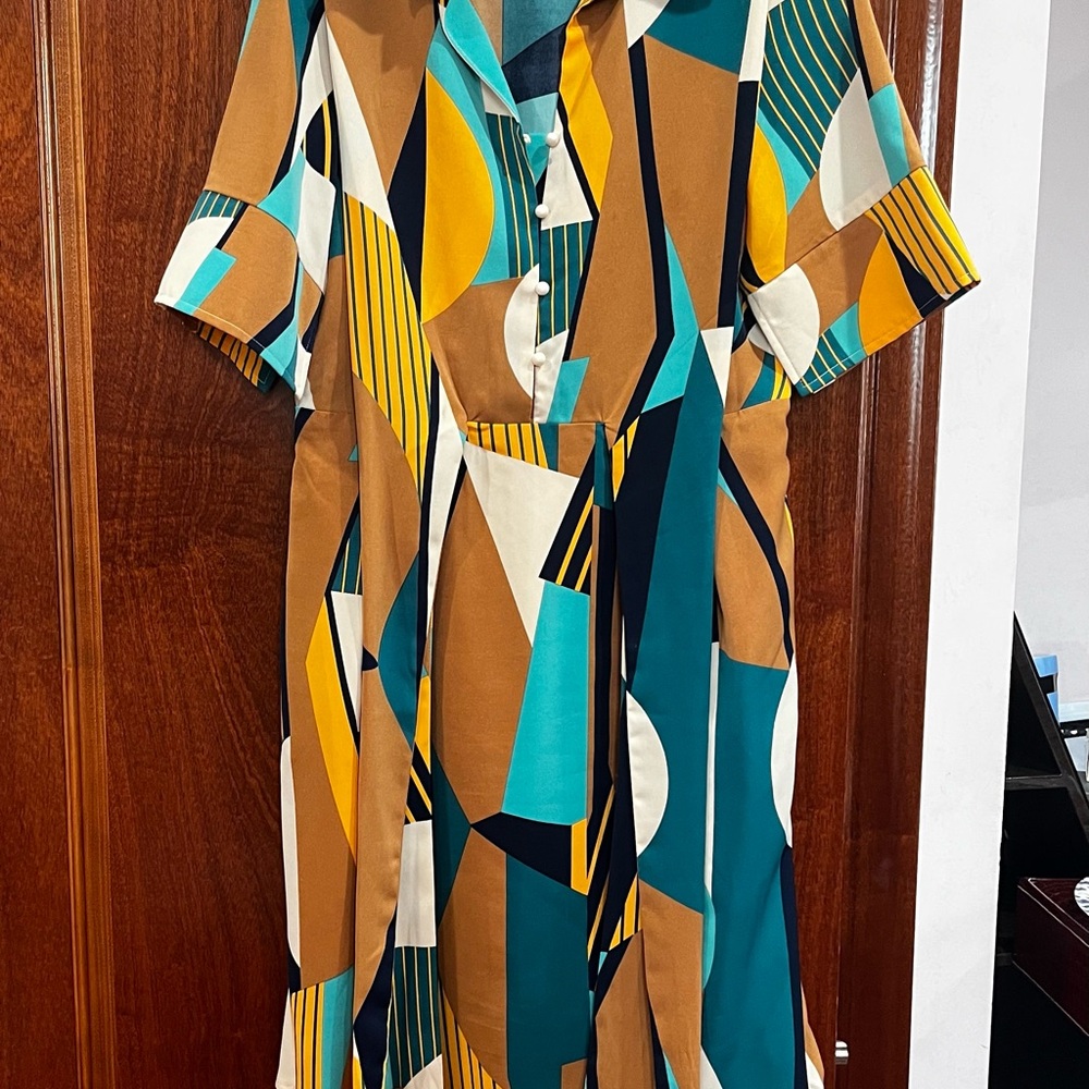 Gracia Abstract Midi Dress in Teal and Brown